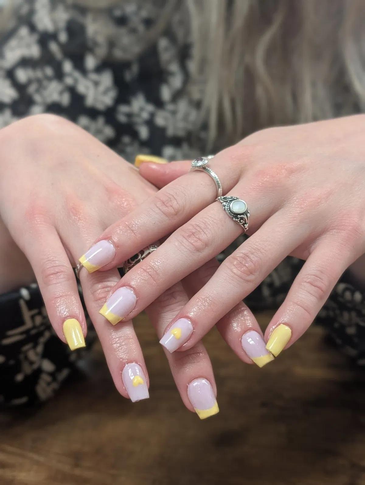 Square yellow mix with yellow French tips and tiny hearts