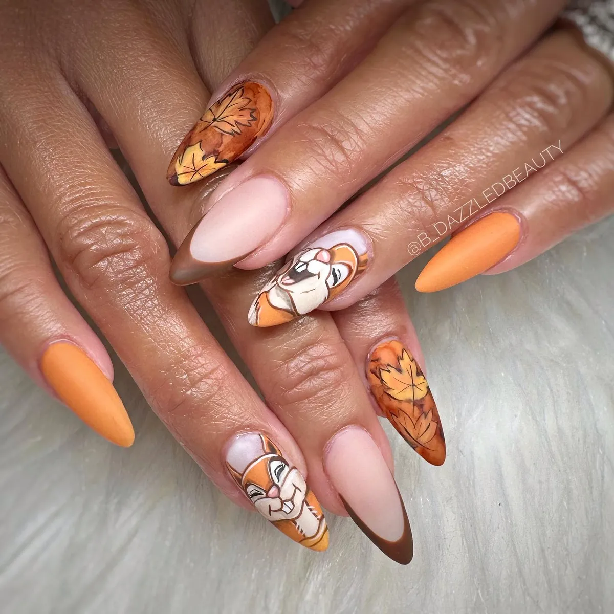 Orange solids with leaf art and cartoon animal accents