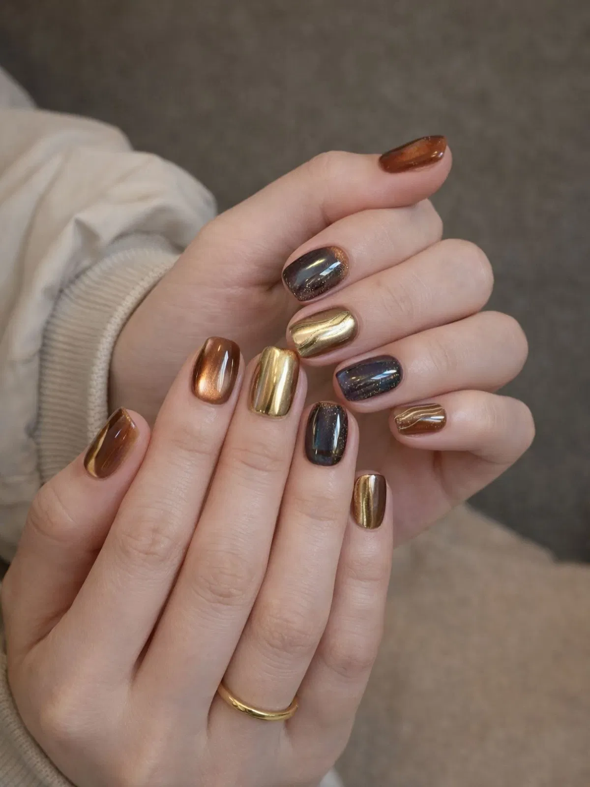 Mixed metallic gold, bronze, and dark tones