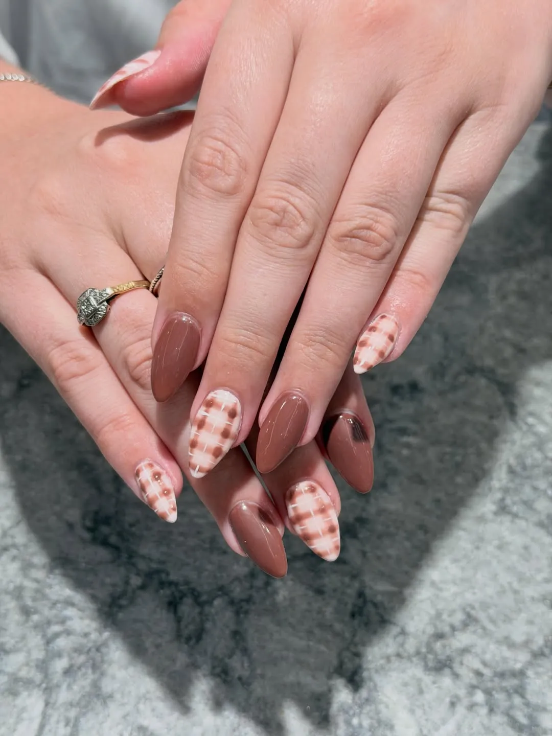 Glossy brown and beige plaid mix