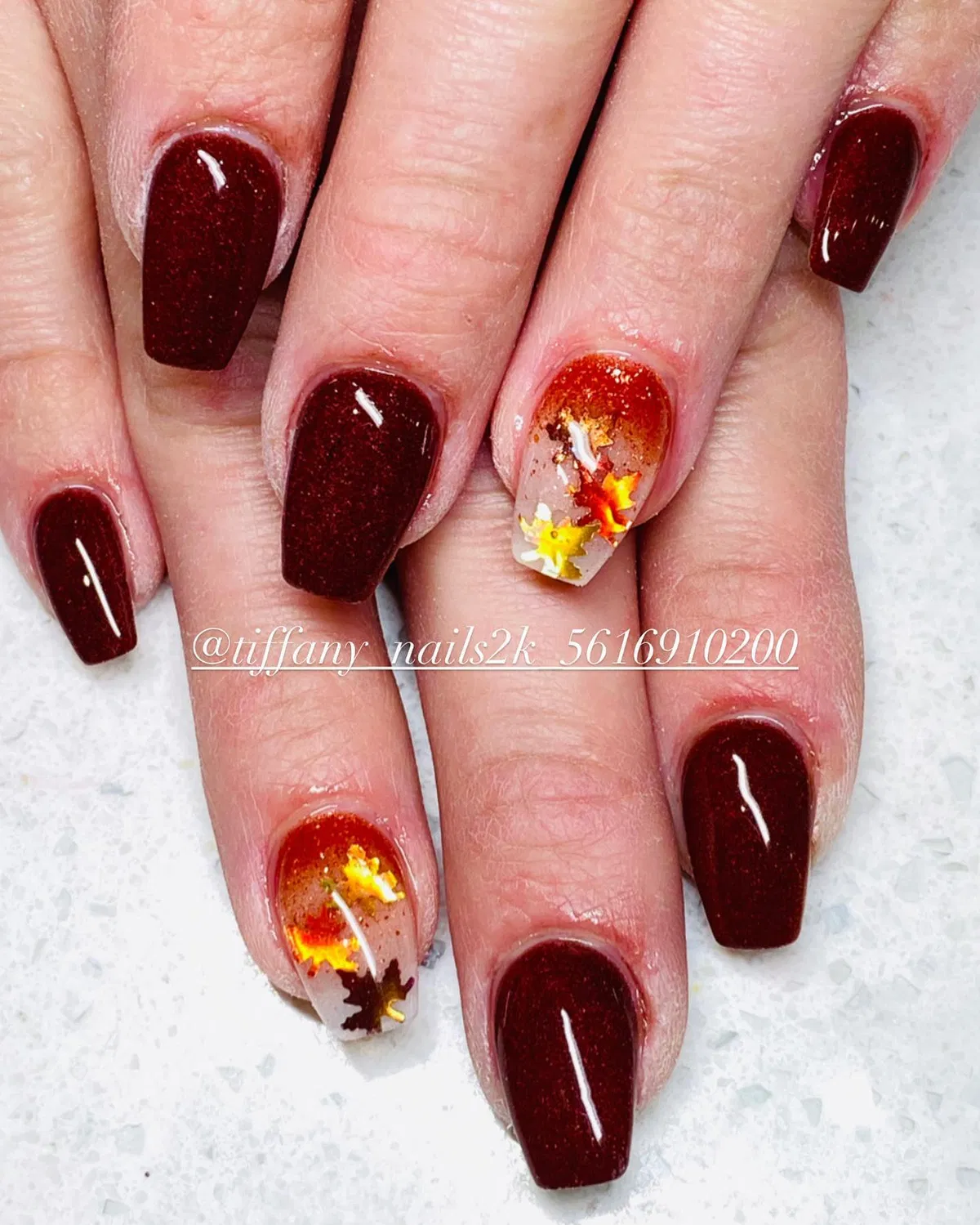 Burgundy glitter with leaf confetti accents