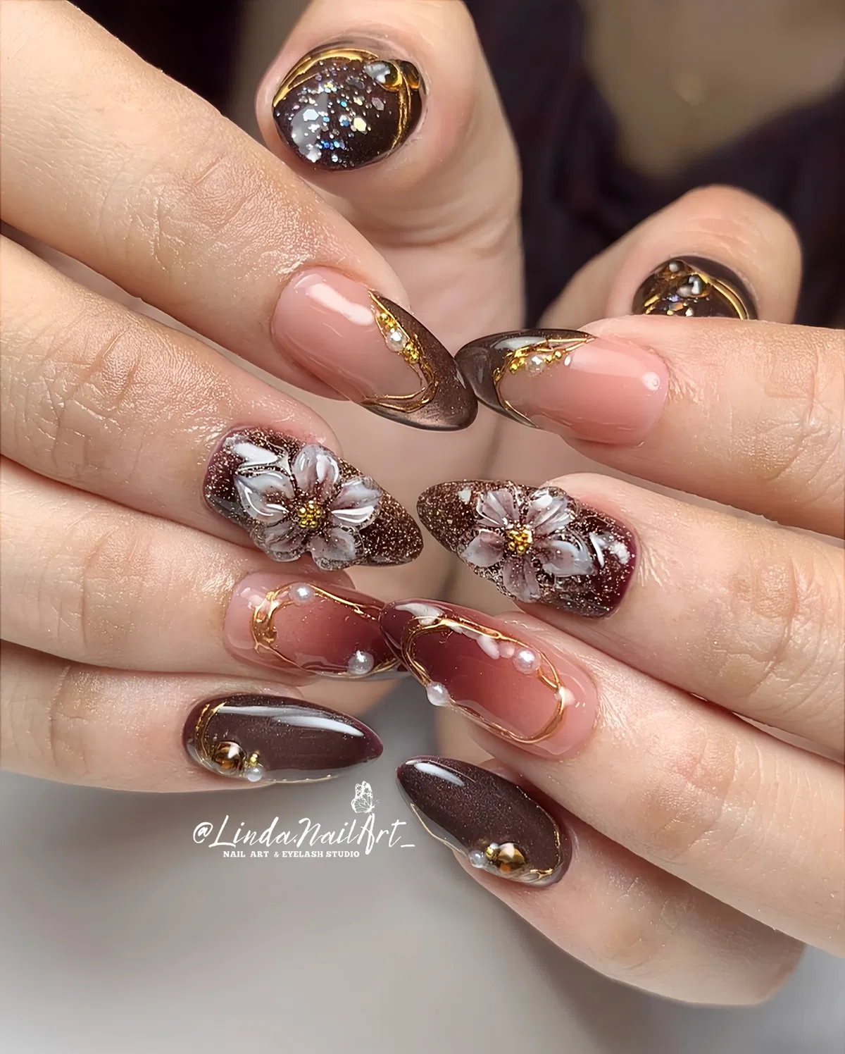Brown glitter florals with gold lines and pearls