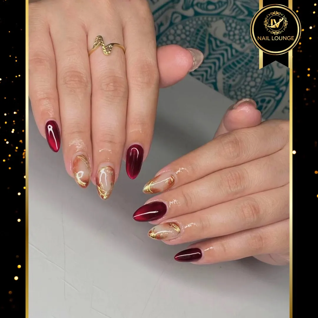 Deep red with gold marbled nude accents
