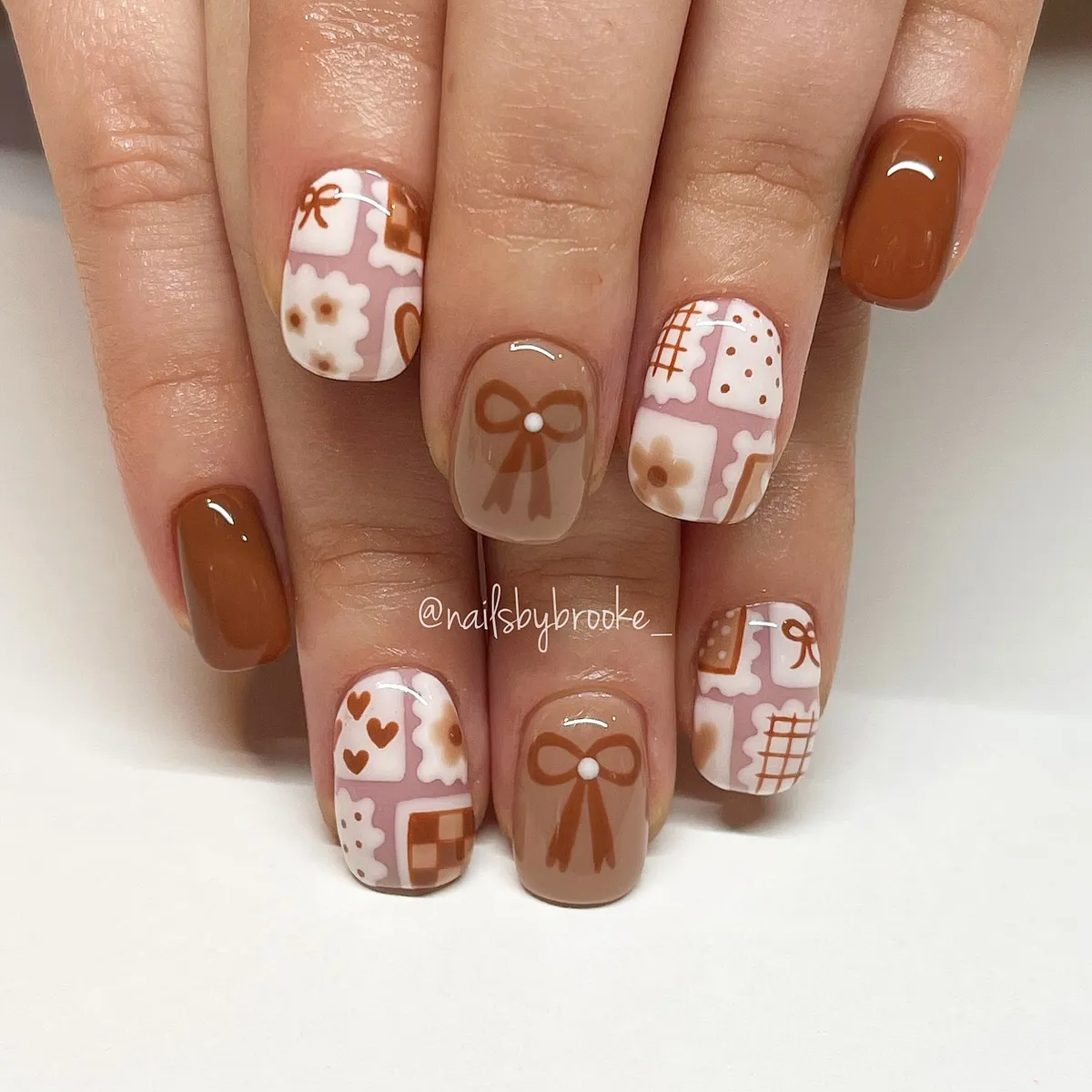 Brown solids with patchwork hearts and bows