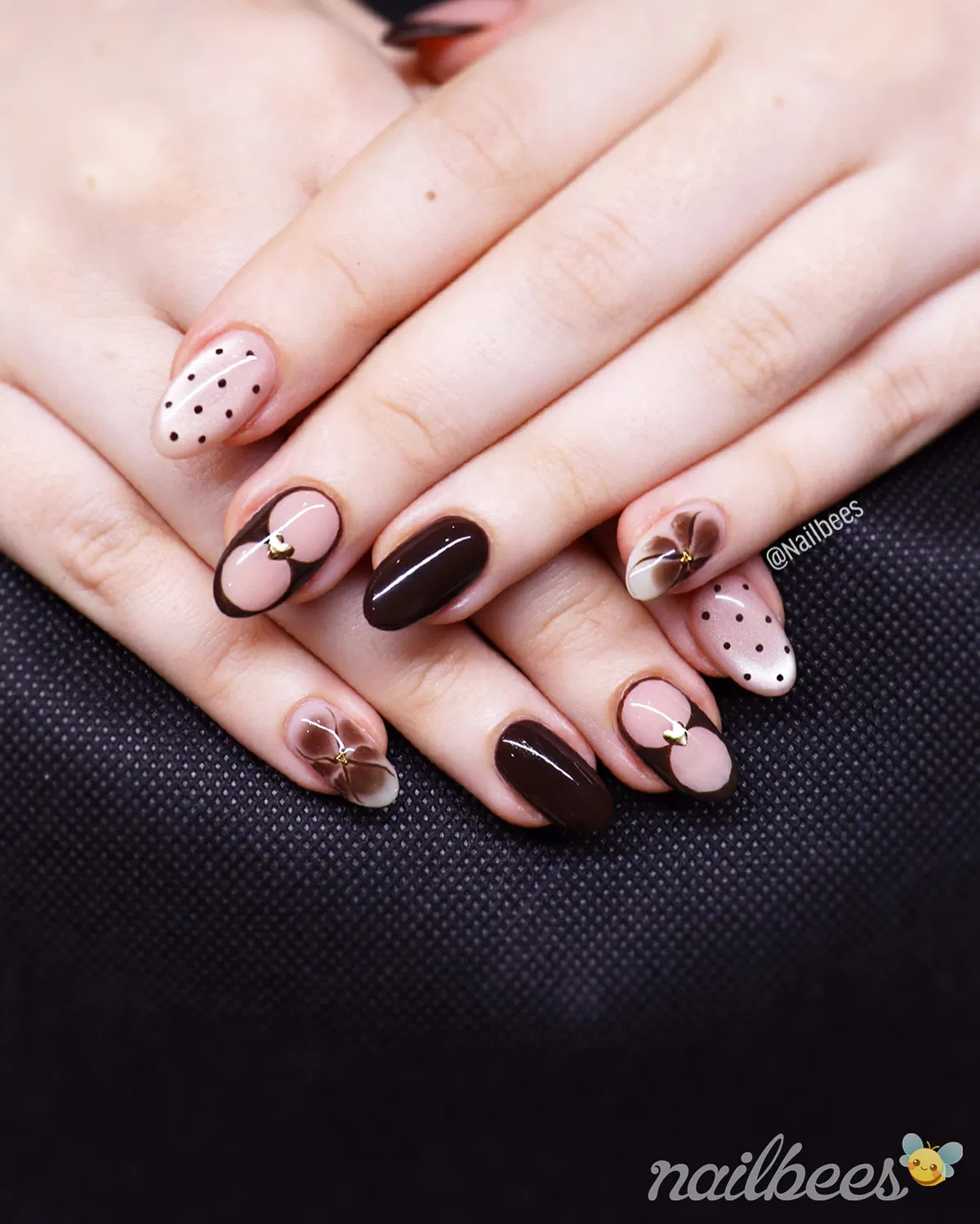 Nude and dark brown with dotted and floral accents