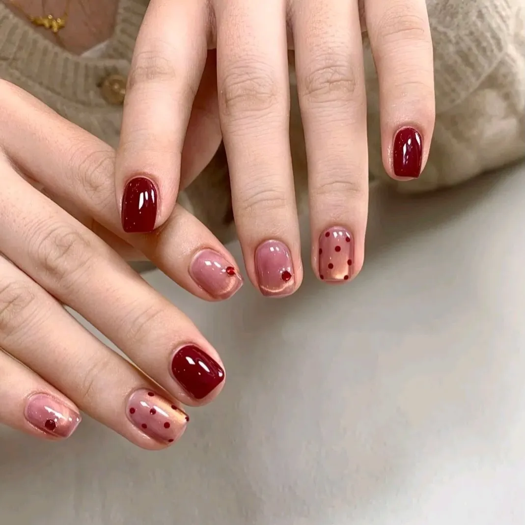 Deep red solids with sheer dotted accents