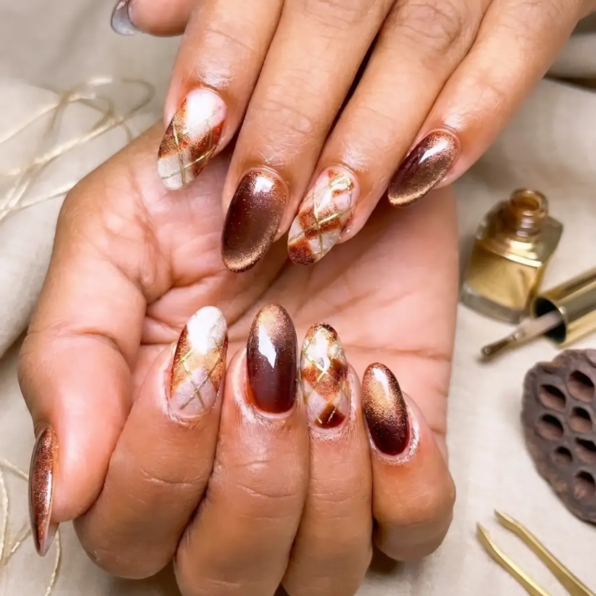 Deep brown shine with warm plaid-and-gold accents
