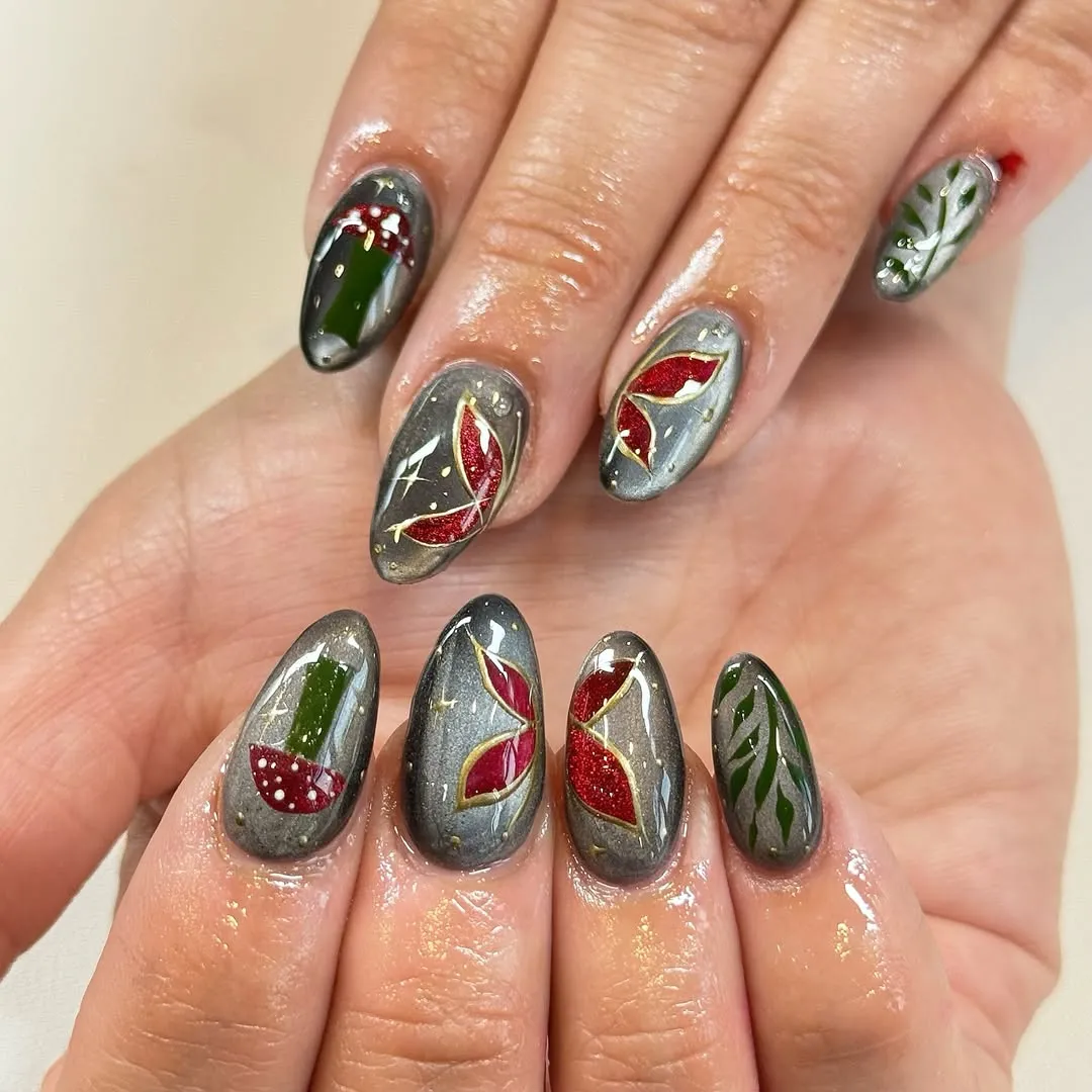 Metallic gray and green with red leaf motifs