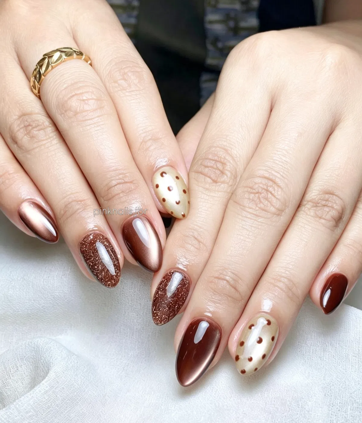 Brown and rose-gold mix with cream polka-dot accents