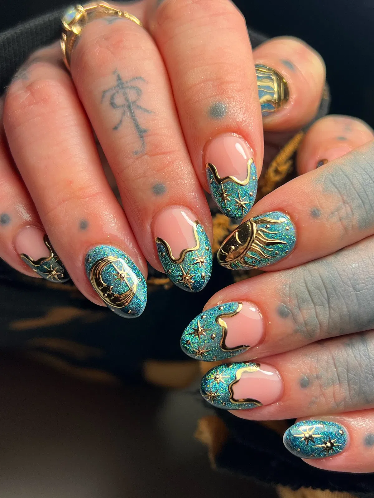 Teal Glitter with Gold Celestial Detailing