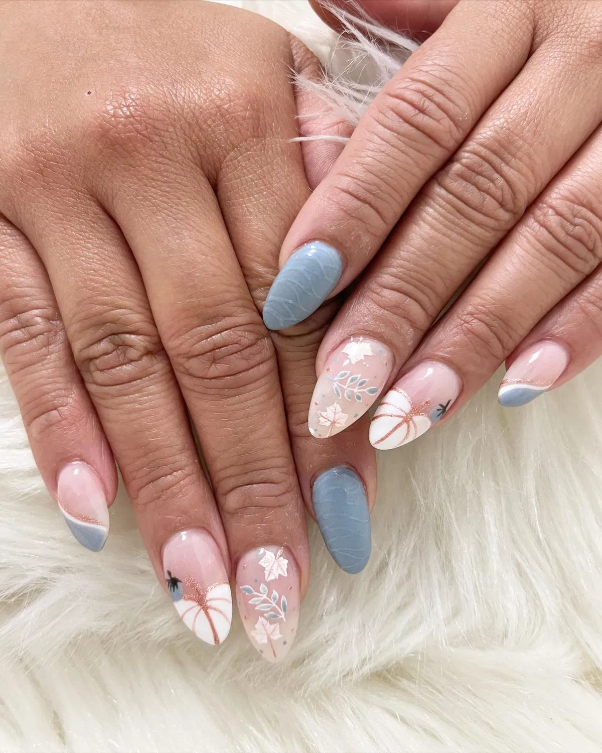 Soft pink and gray-blue with pumpkin and leaves