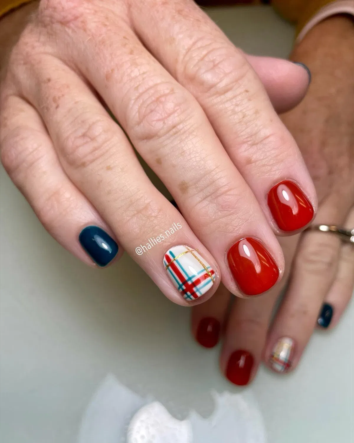 Red and teal solids with white plaid accent