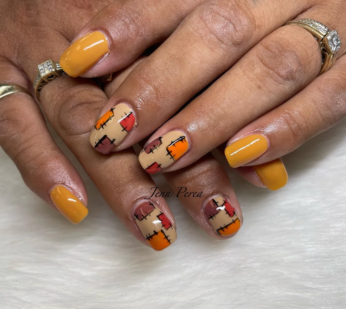 Mustard yellow with patchwork stitch accents