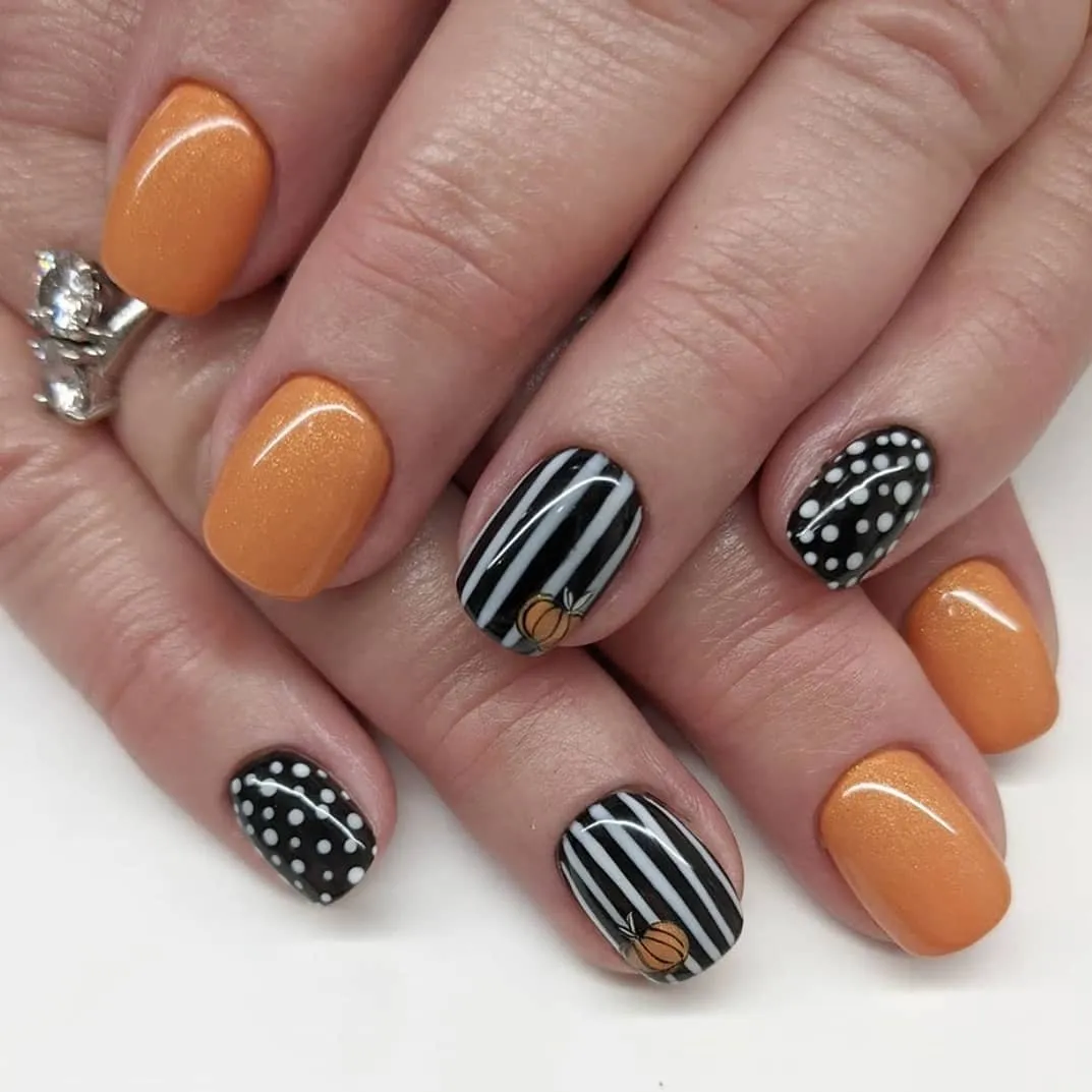 Orange shimmer with stripes and polka dots