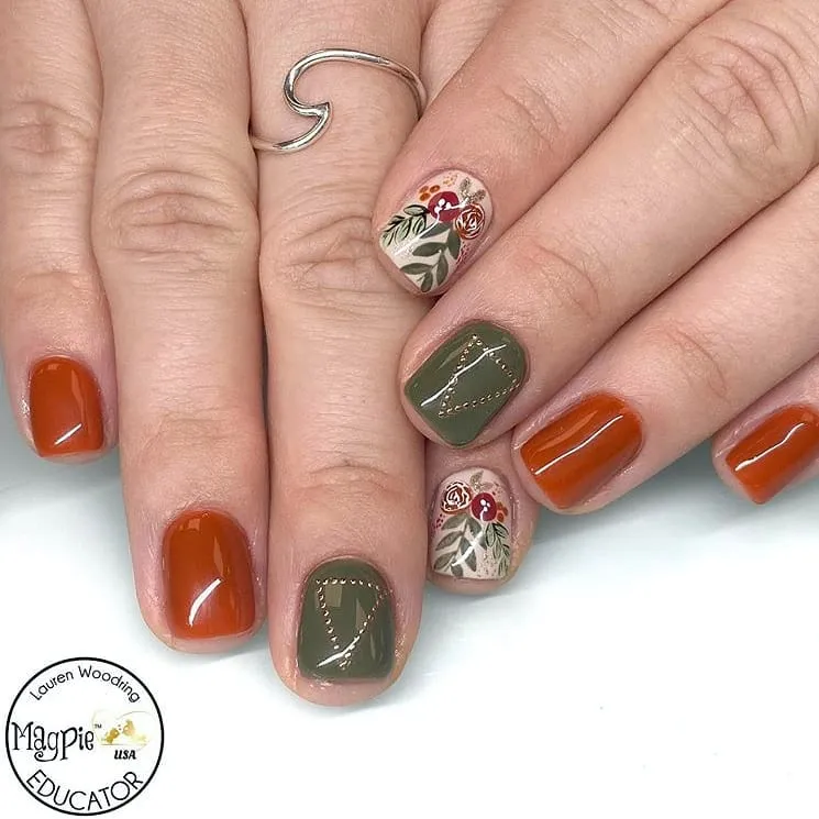 Rust and olive with floral accents and dotted line details