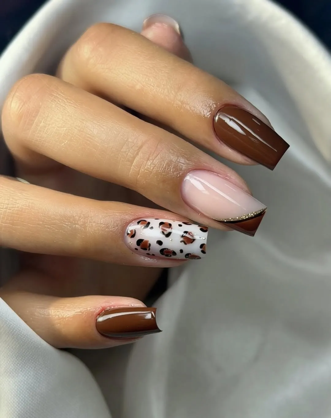 Chocolate brown with diagonal French and leopard accent