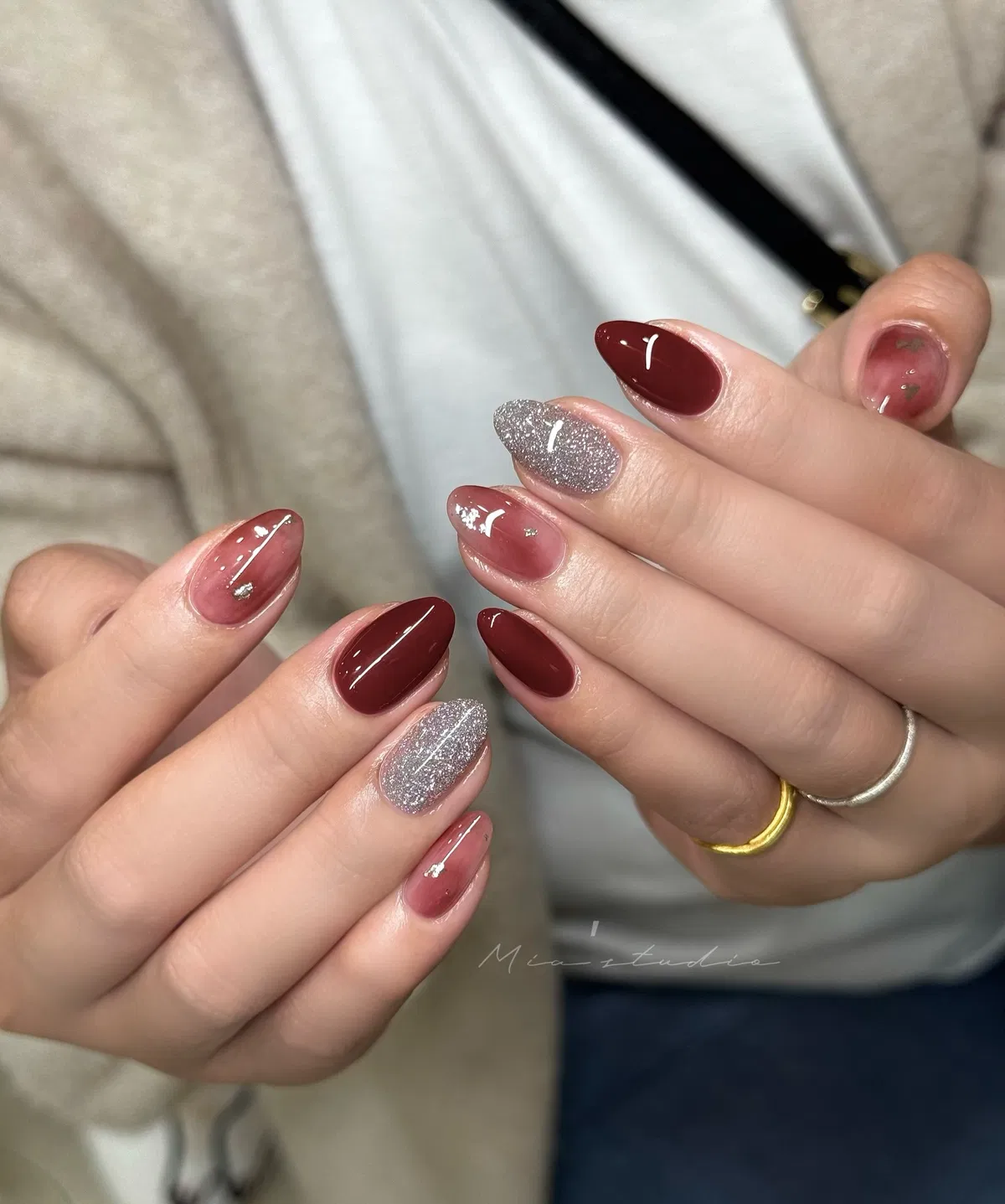 Burgundy with mauve translucent accents and silver glitter