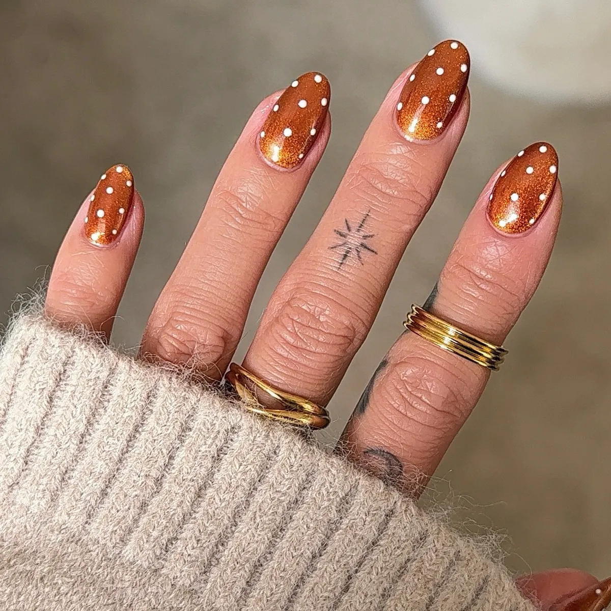 Copper shimmer with white polka dots