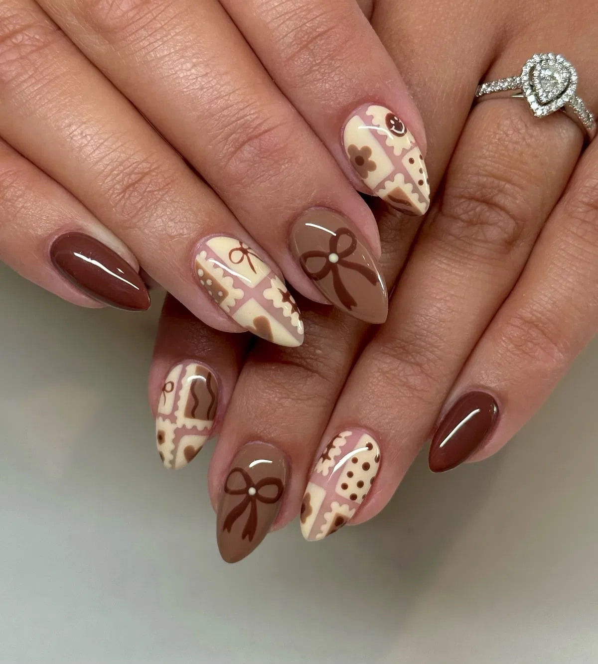 Brown solids with patchwork, bows, and dot accents