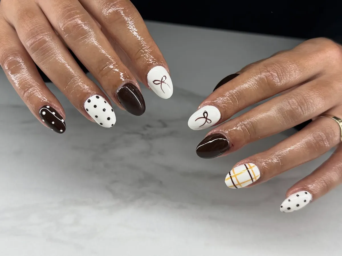 Brown-and-white mix with polka dots, plaid, and ribbon accents