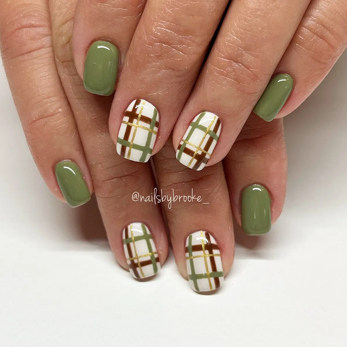 Olive green with white plaid and gold line accents