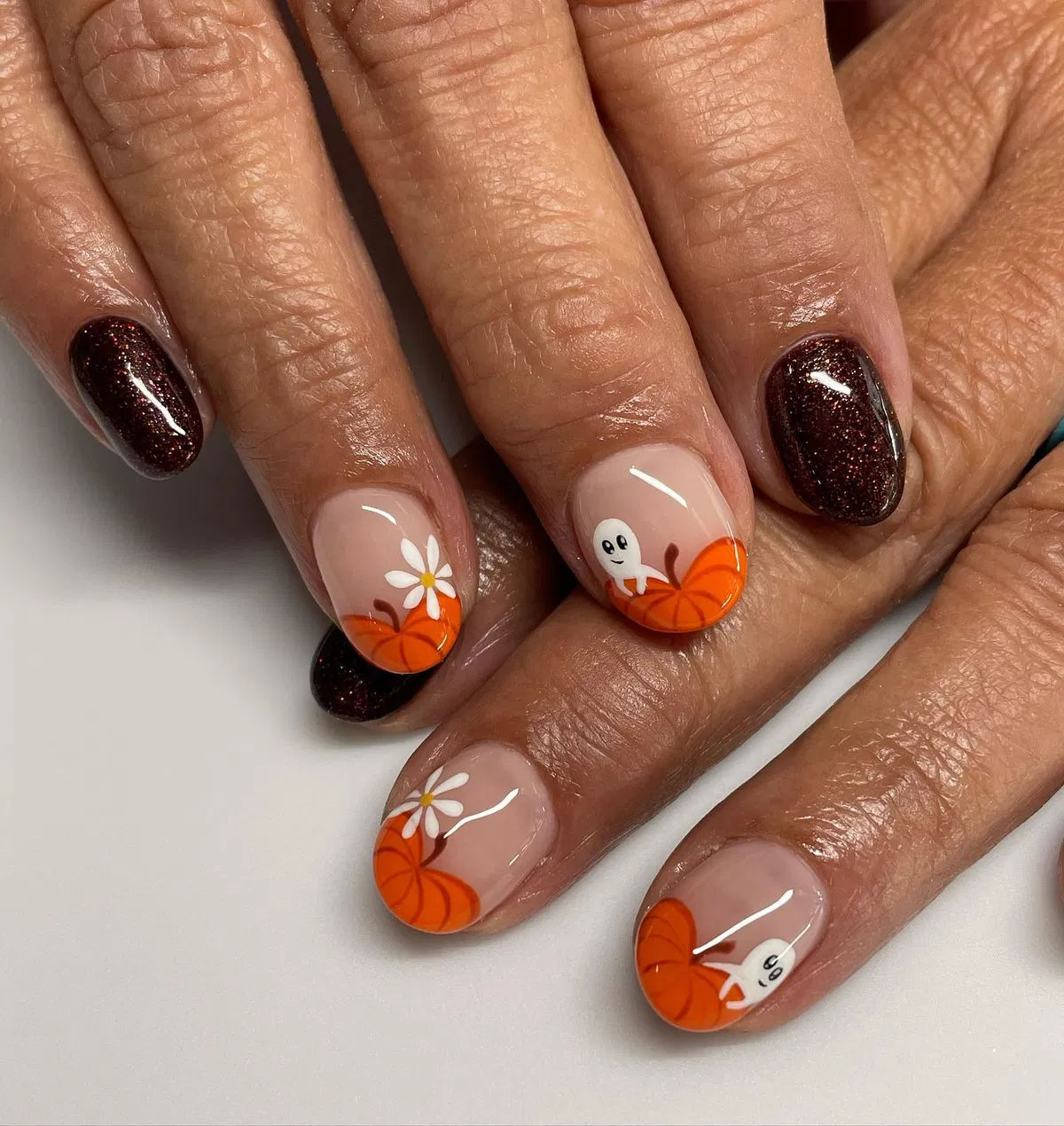 Glitter Brown and Nude Pumpkin Tips with Flower and Ghost Details