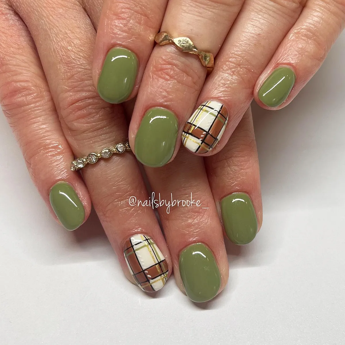 Olive green solids with white plaid/grid accents