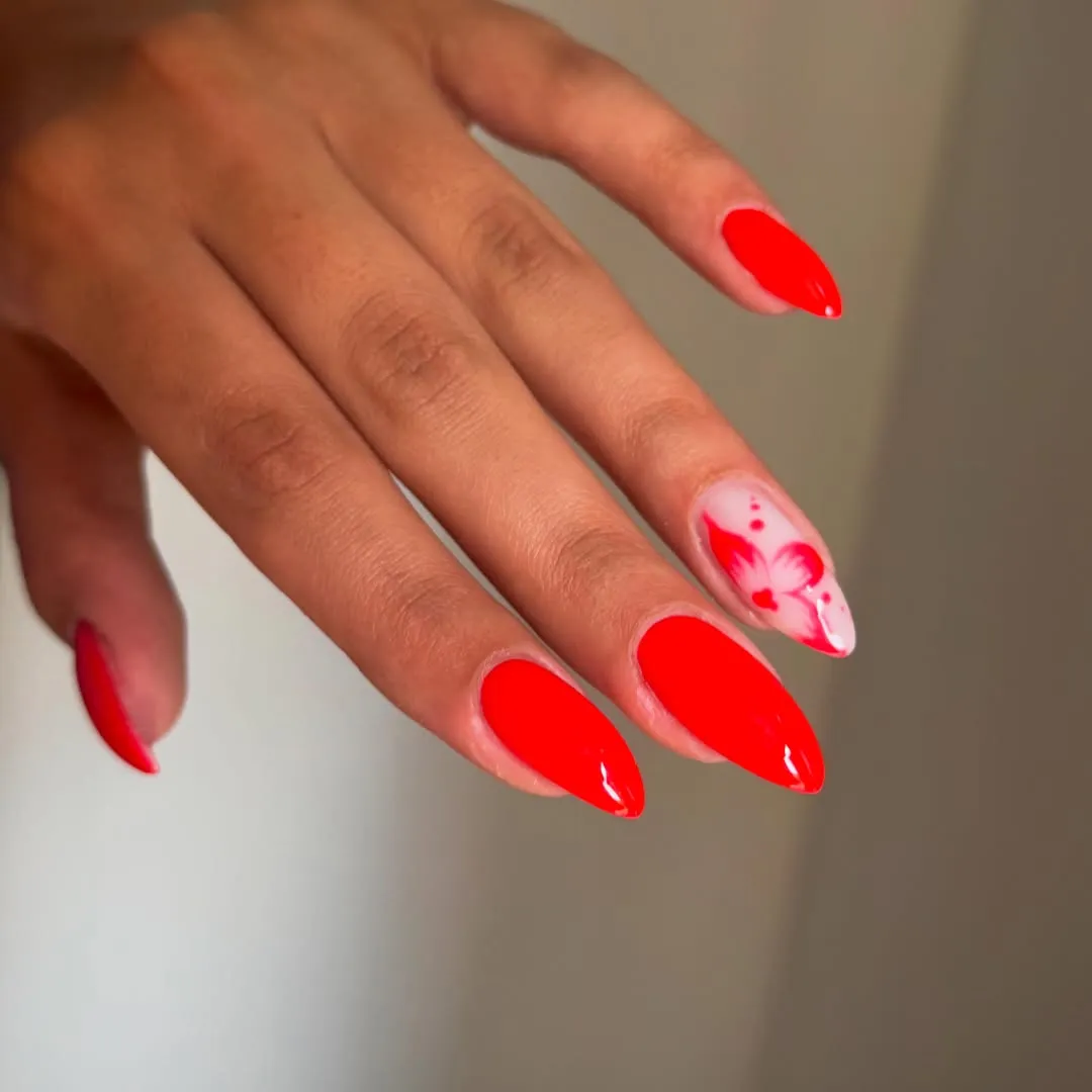 Glossy Bright Red with Butterfly Accent Nail