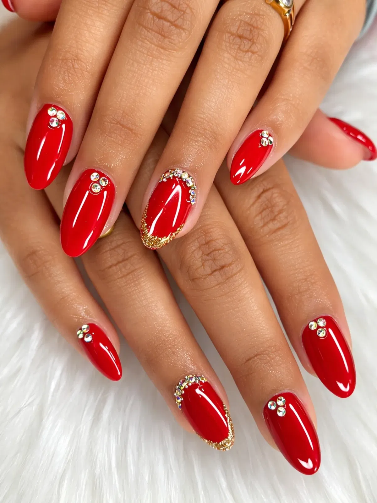Glossy red with rhinestones and gold-glitter edging