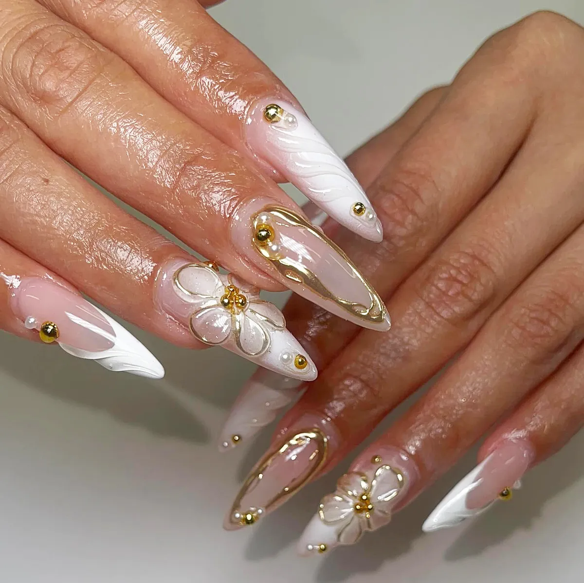 Stiletto white swirls with gold outlines and 3D flowers