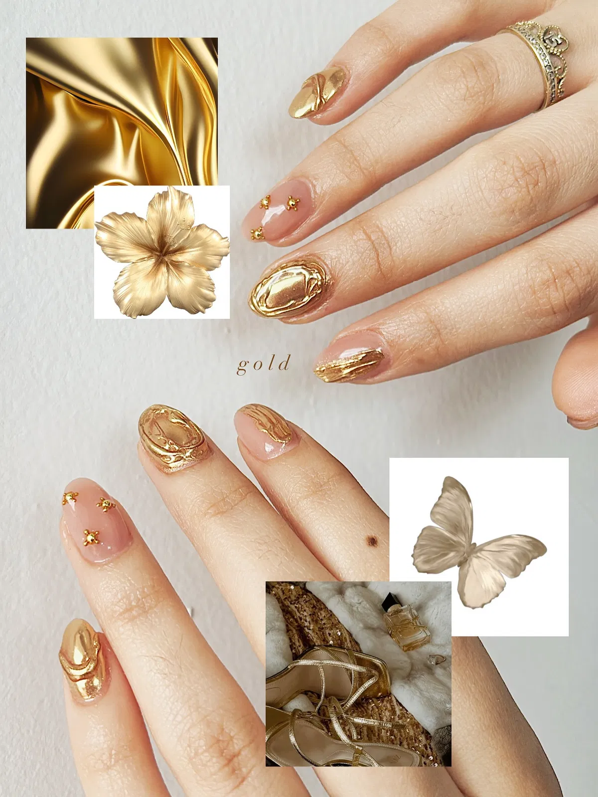 Glossy nude with reflective gold accents (collage layout)