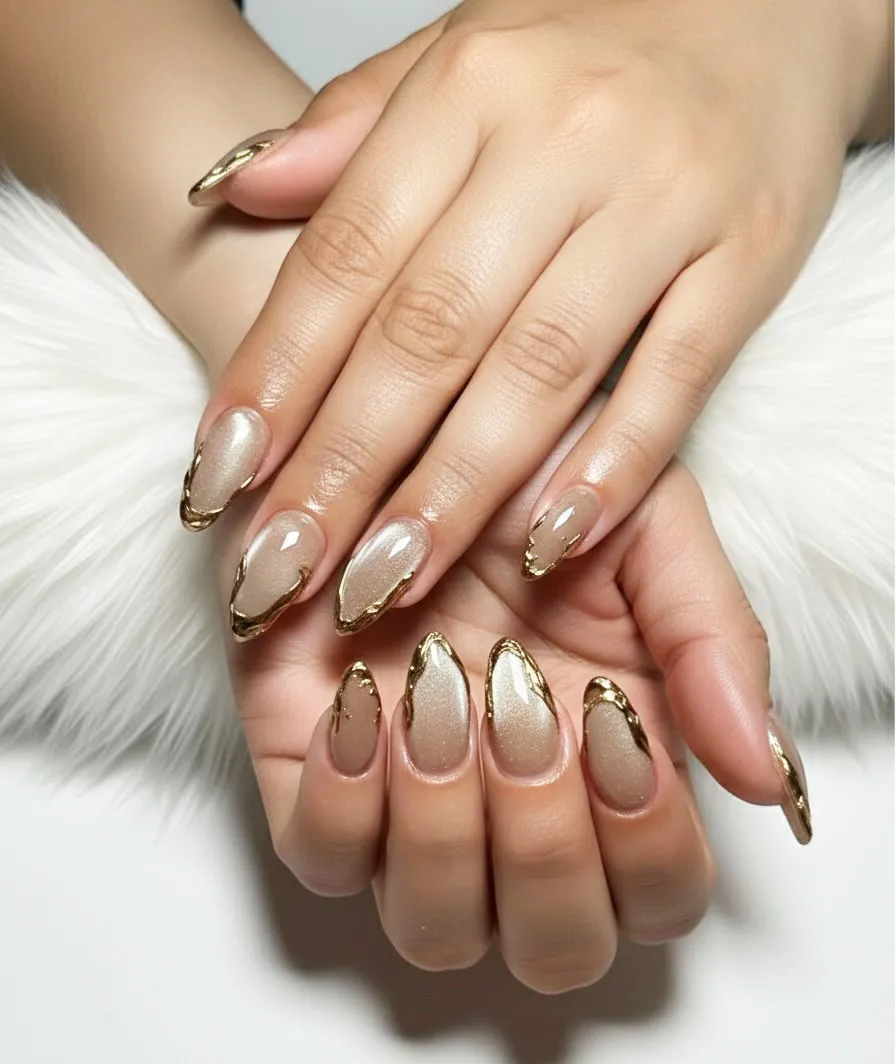 Champagne Almond Nails with Gold Metallic Tip Edges