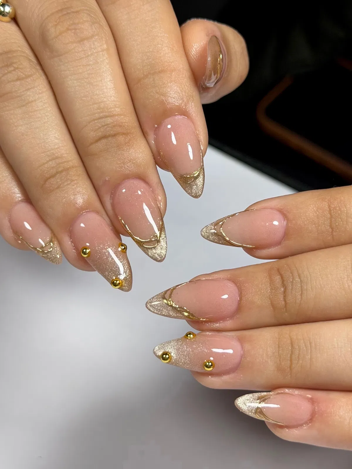 Nude Pink Almonds with Gold Glitter Tips and Studs