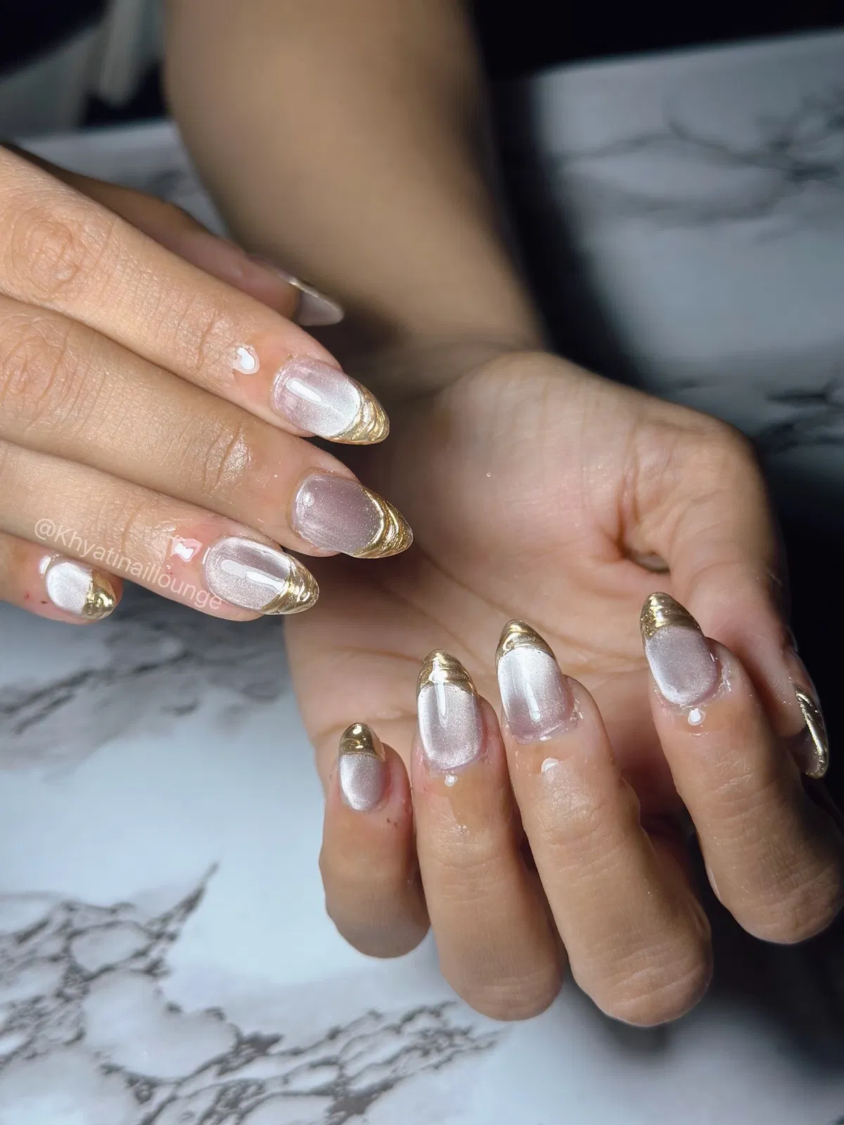 Pearly Almond Nails with Layered Gold Metallic Tips