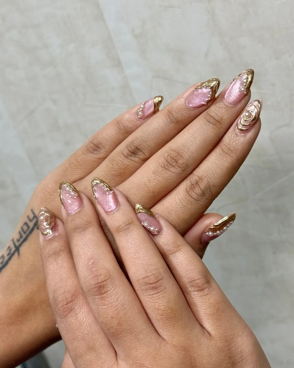 Pink Shimmer Set with Gold Sculpted Tips and Pearl Accents