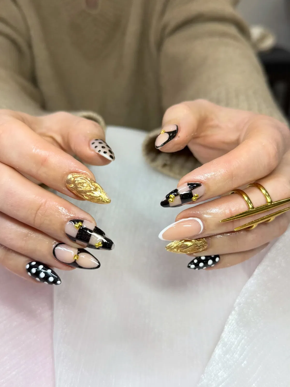 Check Pattern, Gold Studs, and Polka Dots with Gold Accents