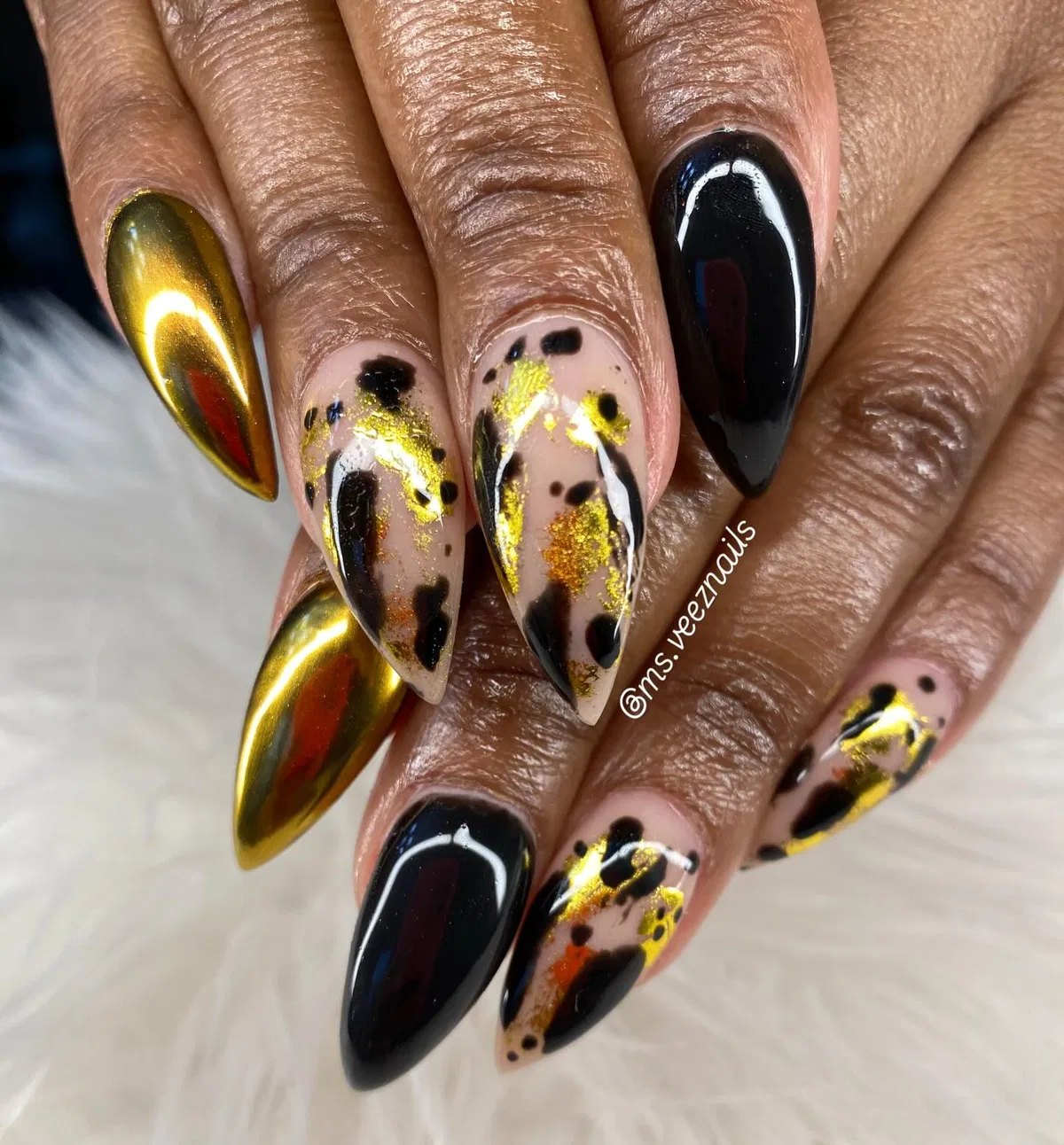 Black, Gold Chrome, and Spotted Nude Nails with Gold Foil-Like Accents