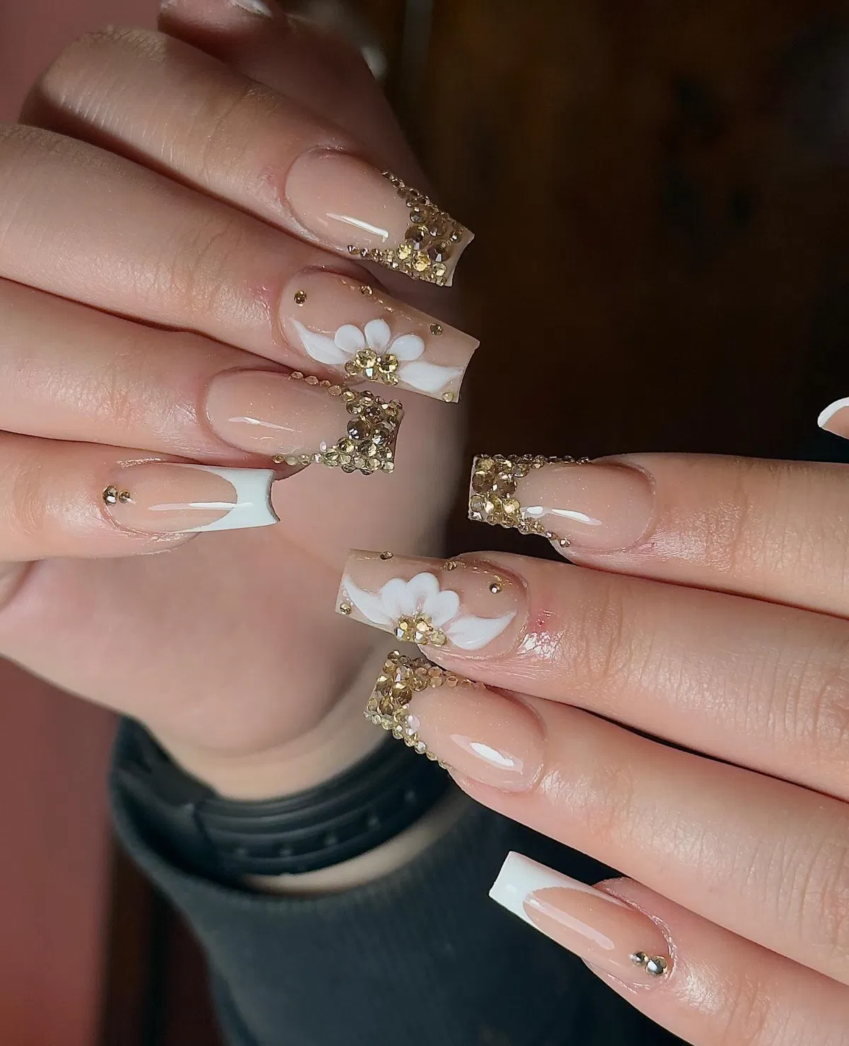 Square French with Gold Glitter Tips and White Floral Centers