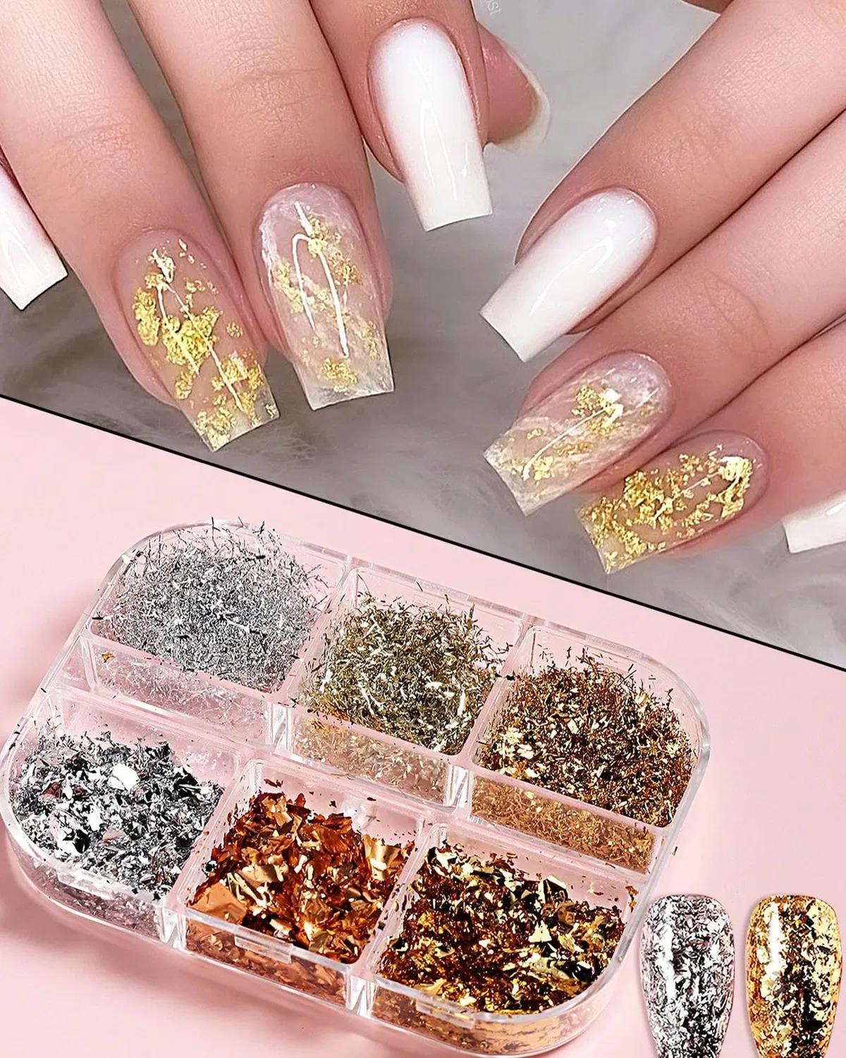 White and clear nails with gold foil flakes, shown with glitter/foil kit