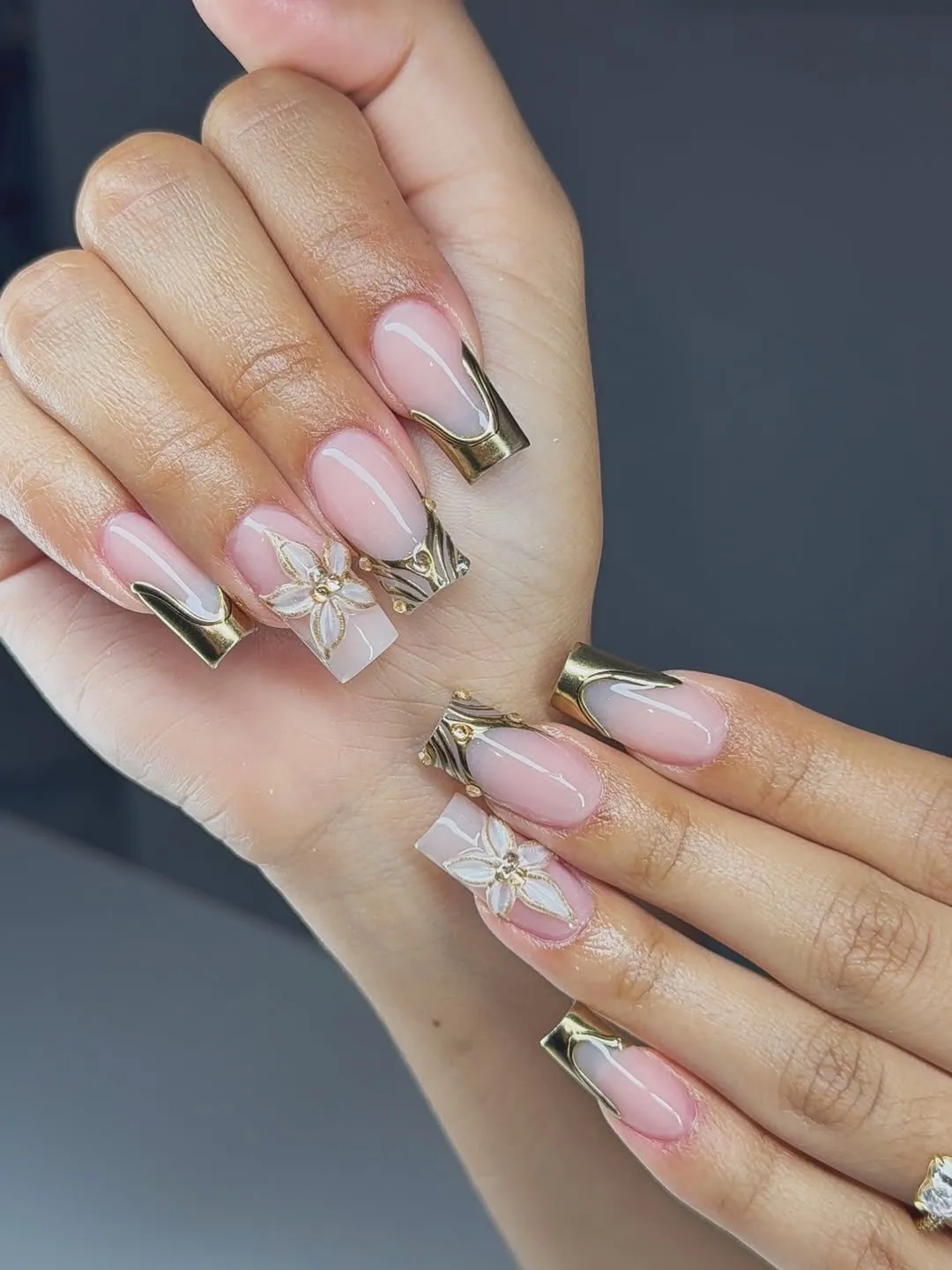 Gold French tips with white 3D flowers