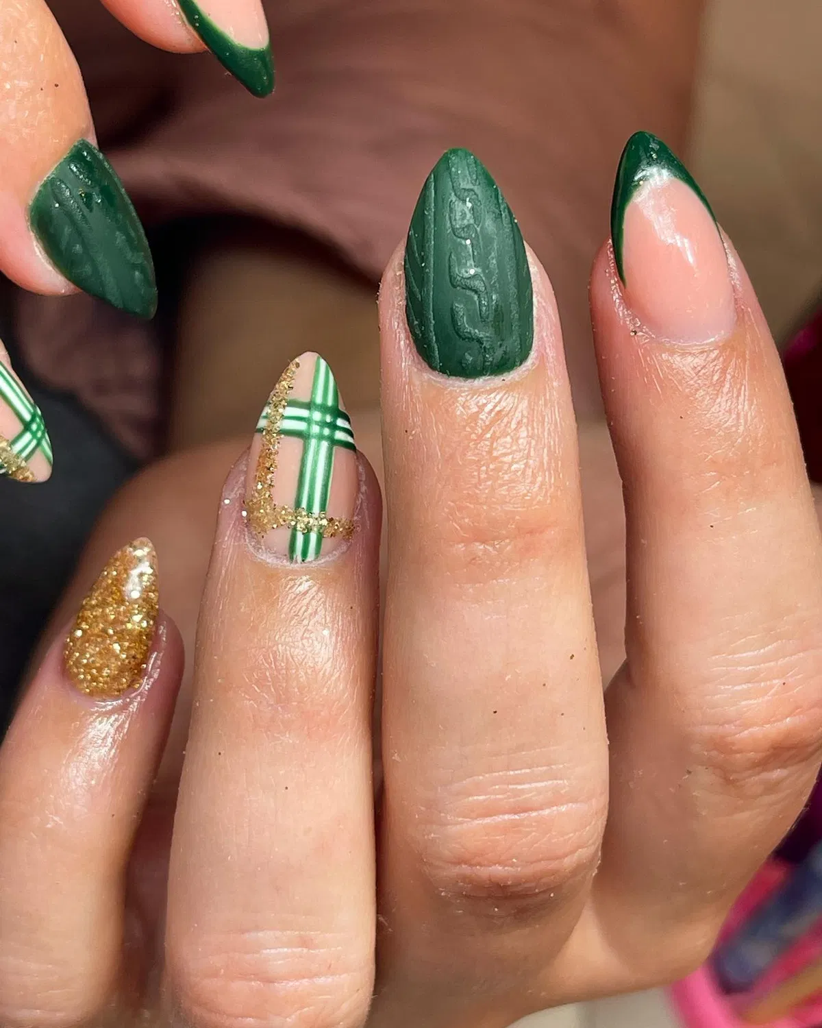 Matte embossed green with nude plaid and gold glitter accents
