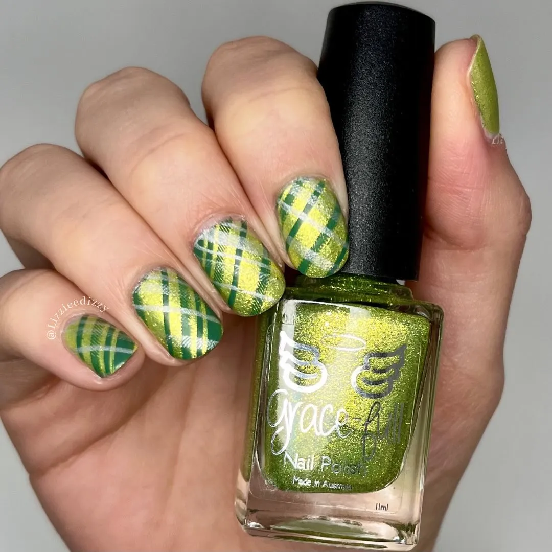 Green-yellow shimmery plaid with visible nail polish bottle