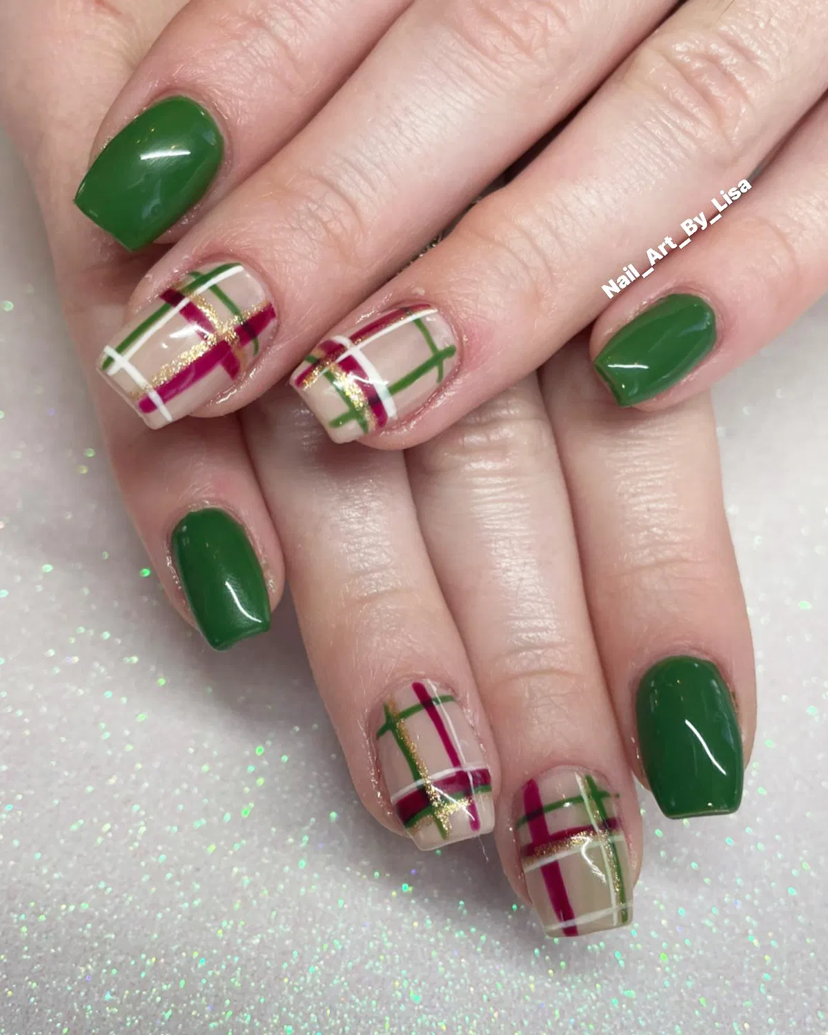 Beige-base plaid accents with green, magenta, white, and gold lines