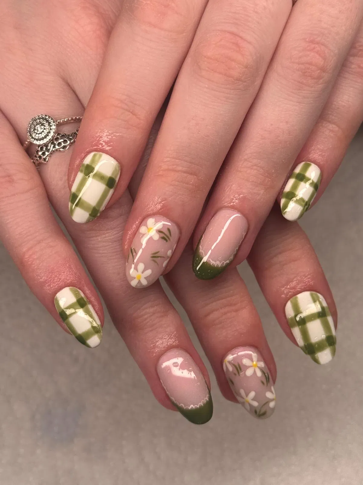 Olive plaid mixed with daisy florals and green French tips