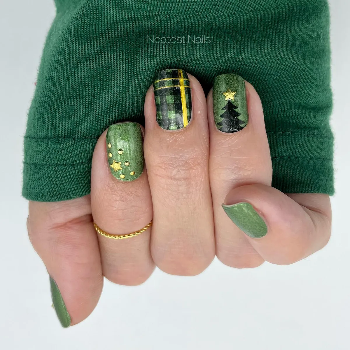 Green plaid with yellow striping paired with star and dot accents