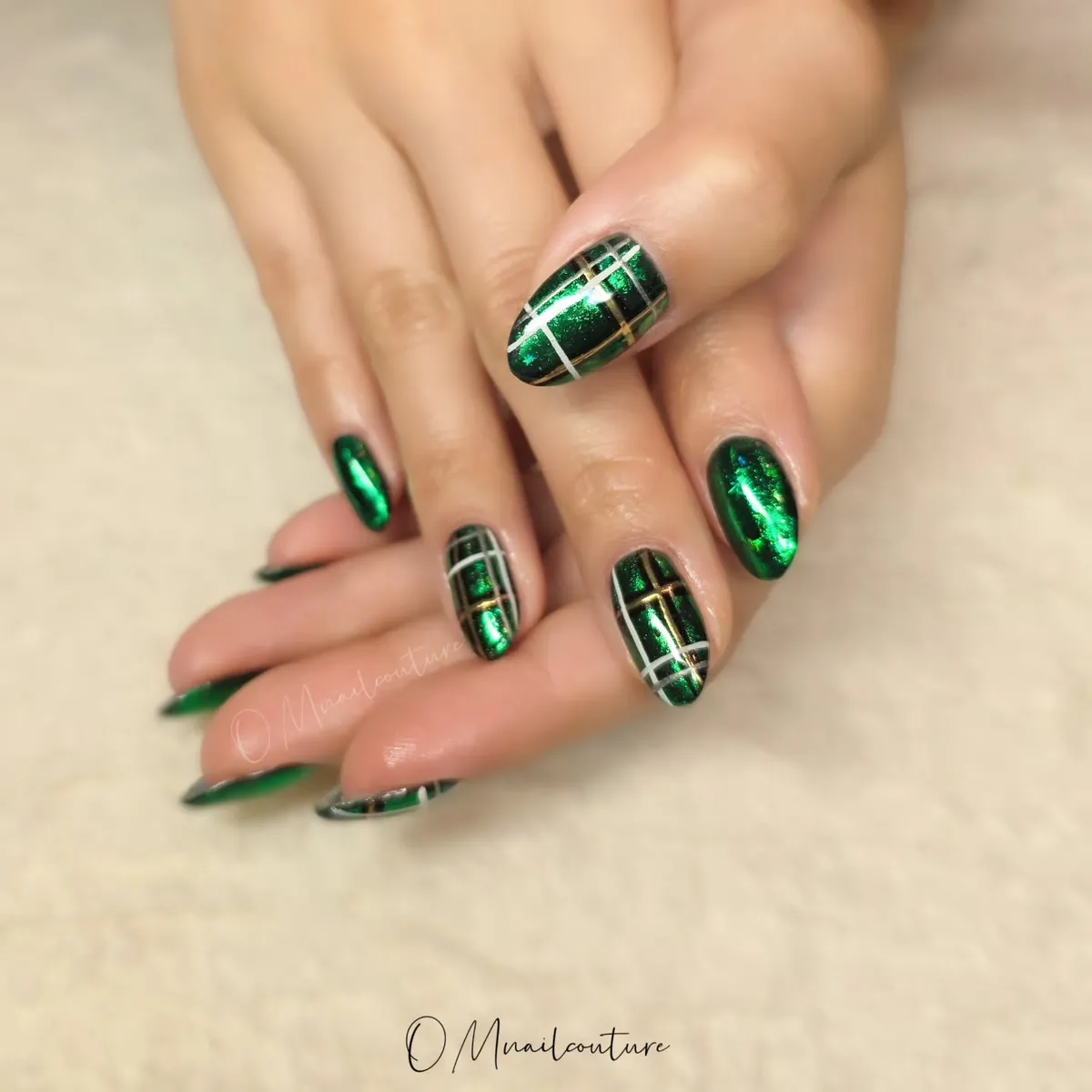 Metallic-looking green plaid with white and gold grid lines