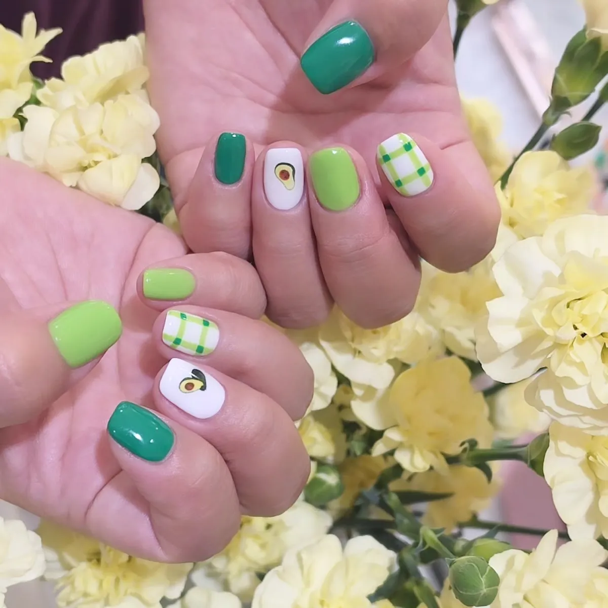 Teal and lime set with green check pattern and avocado accent
