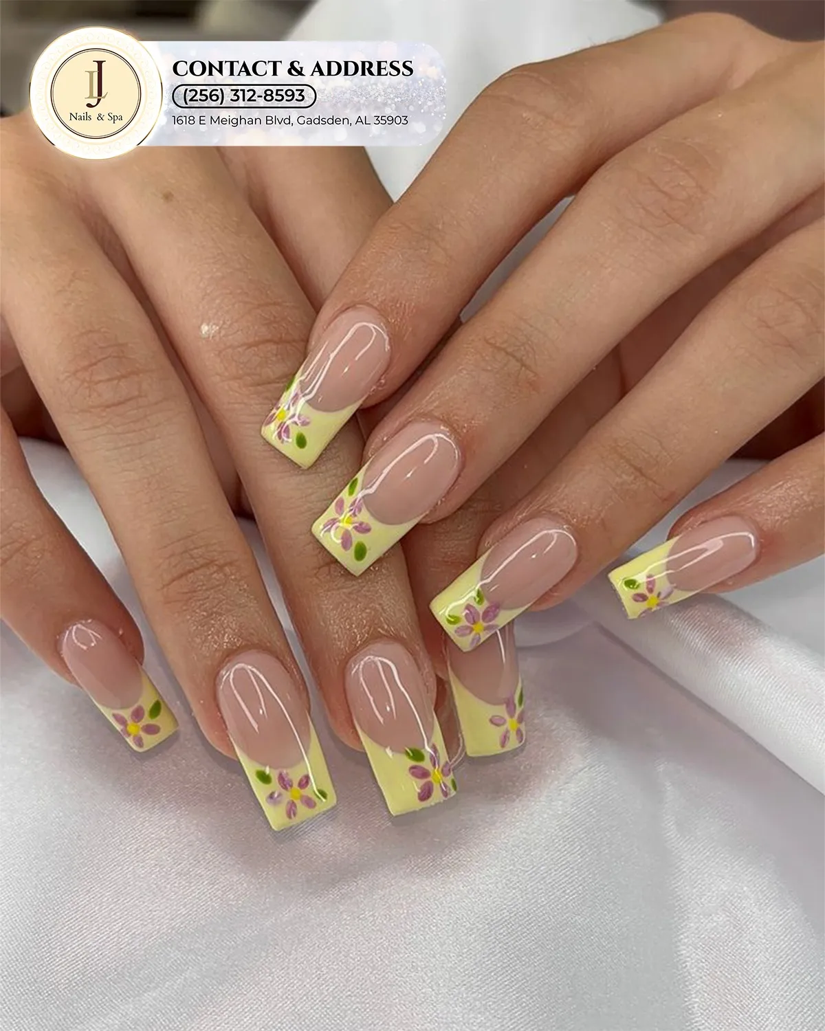 Square Nude Base with Light Yellow Tips and Purple Floral Details (Text Overlay)