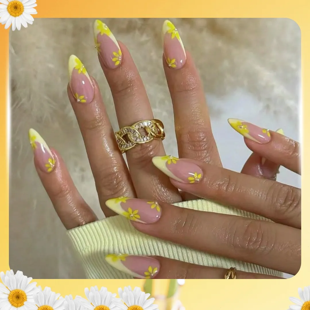 Light Yellow French Tips with Small Yellow Flowers and Daisy Border