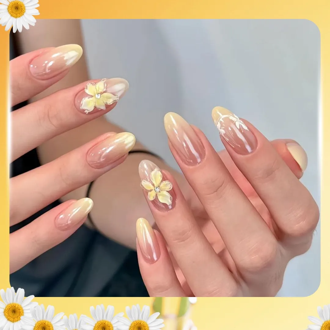 Sheer Nude-to-Yellow Tips with Raised Flower Accents